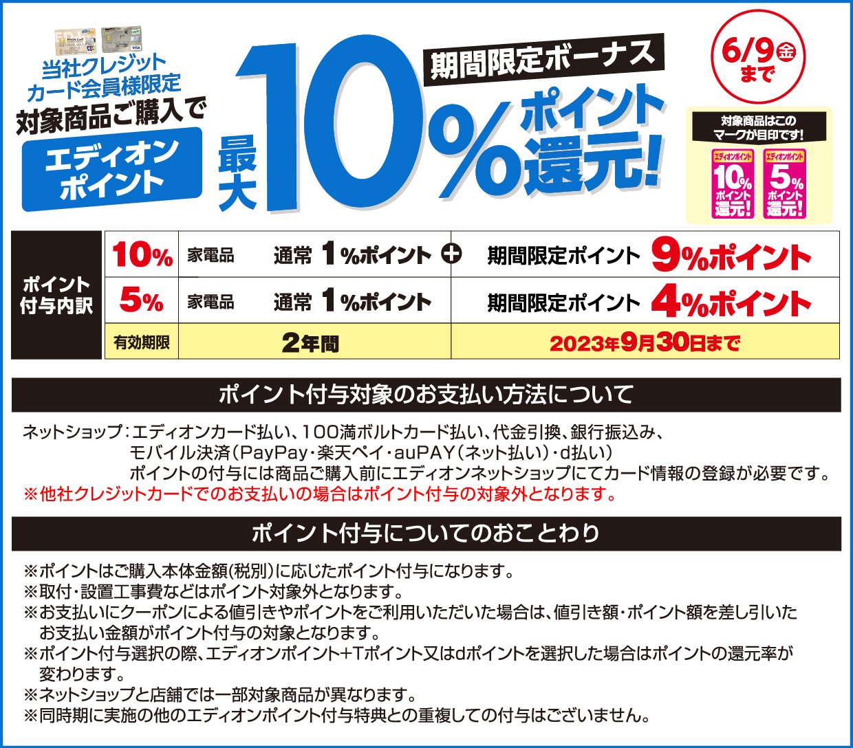 当社クレジットカード会員様限定対象商品ご購入で、エディオンポイント最大10%ポイント還元! ポイント付与内訳