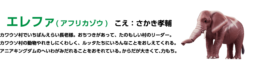 エレファ (アフリカゾウ) こえ:さかき孝輔 カワウソ村でいちばんえらい長老様。おちつきがあって、たのもしい村のリーダー。 カワウソ村の動物やれきしにくわしく、ルッタたちにいろんなことをおしえてくれる。アニアキングダムのへいわがみだれることをおそれている。 からだが大きくて、力もち。
