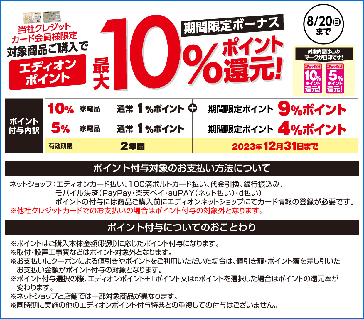 当社クレジットカード会員様限定対象商品ご購入で、エディオンポイント最大10%ポイント還元! ポイント付与内訳