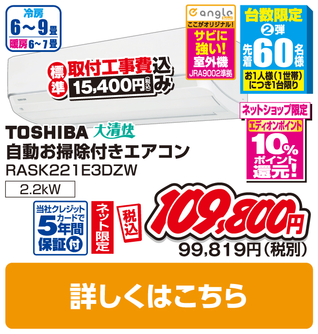 東芝 6畳向け 自動お掃除付き 冷暖房インバーターエアコン