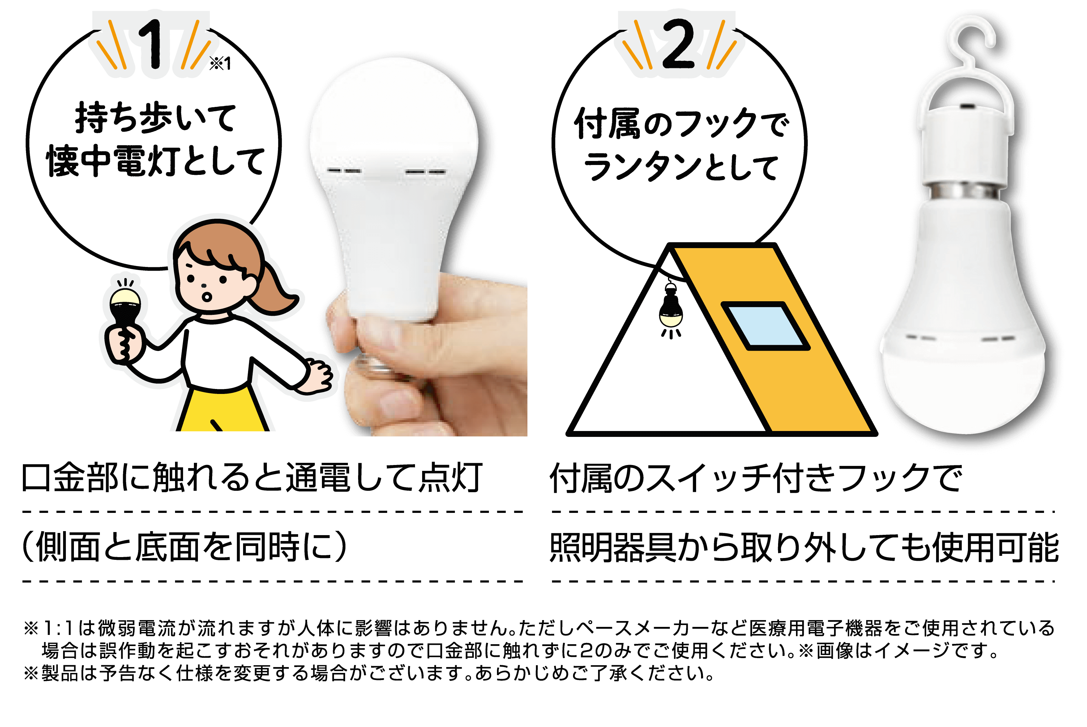 1.持ち歩いて懐中電灯として、2.付属のフックでランタンとして