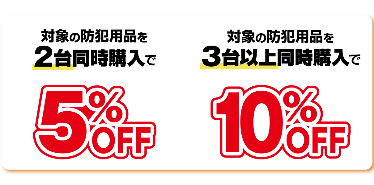 対象メーカー防犯対策用品を2台同時購入で5％OFF、対象メーカー防犯対策用品を3台以上同時購入で10％OFF