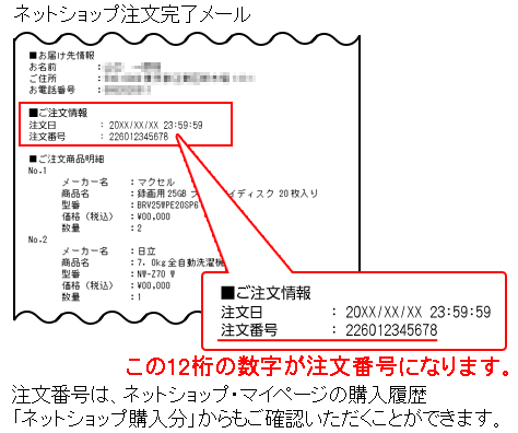 ネットショップ注文完了メールの見本
