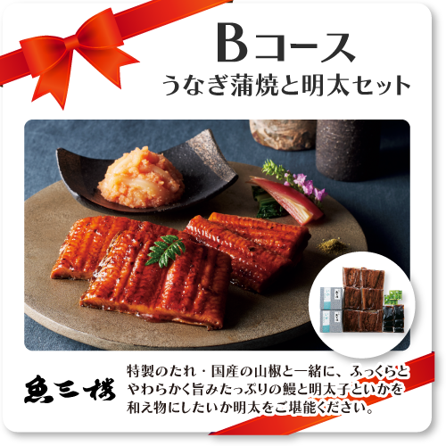 Bコース:魚三楼 うなぎ蒲焼と明太セット 特性のたれ・国産の山椒と一緒に、ふっくらとやわらかく旨みたっぷりの鰻と明太子といかを和え物にしたいか明太をご堪能ください。