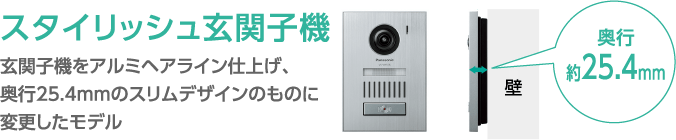 スタイリッシュ玄関子機玄関子機をアルミヘアライン仕上げ、奥行25.4mmのスリムデザインのものに変更したモデル