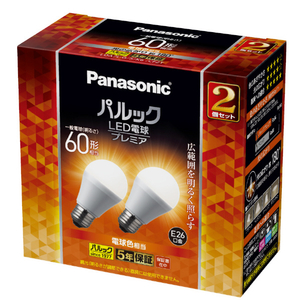 パナソニック LED電球 E26口金 全光束810lm(7．0W一般電球タイプ 広配光タイプ) 電球色相当 2個入り パルック プレミア LDA7LGSK6CF2T-イメージ1