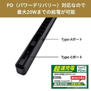 エルパ スリム回転USBタップ 4個口2ポート PD対応 2m ブラック WB-RSL4222SUCBK-イメージ5