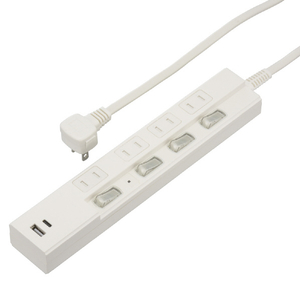 オーム電機 4個口節電タップ 雷ガード PD対応Type-C/Type-Aポート付き(1m) ホワイト HS-TPKU41PD23-W オーム電機 4個口節電タップ 雷ガード PD対応Type-C/Type-Aポート付き(1m) ホワイト HS-TPKU41PD23-W