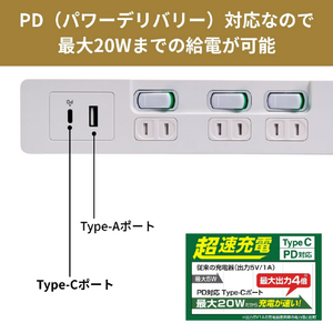 エルパ USBランプレススイッチ付きタップ PD対応2m ホワイト WLK-RE3222UCW-イメージ4