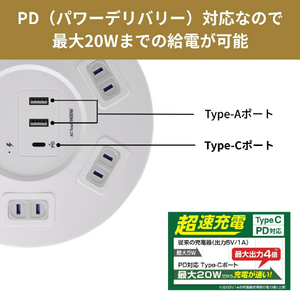 エルパ 丸形 USB集中スイッチ付きタップ PD対応 6個口3ポート 2m ホワイト WLS-RR6322BUCW-イメージ5