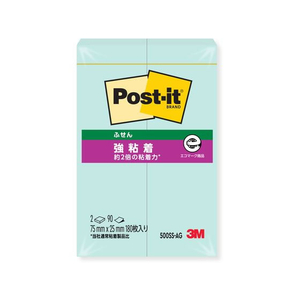 3M ポスト・イット ふせん 再生紙 強粘着 75×25mm グリーン 2冊 F891360-500SS-AG-イメージ1