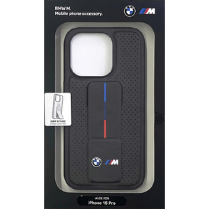 BMW iPhone 15 Pro用穴あきグリップスタンドケース ブラック BMHCP15LGSPPRK-イメージ1