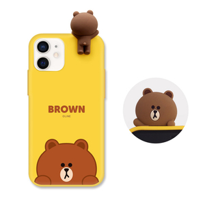 LINE FRIENDS iPhone 12 mini用フィギュア付きカラーソフトケース SNEAK PEEK BROWN KCE-CSB024-イメージ1