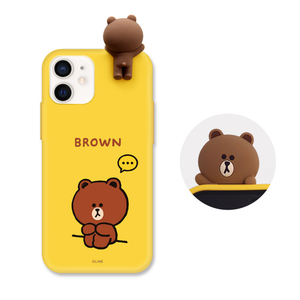 LINE FRIENDS iPhone 12 mini用フィギュア付きカラーソフトケース DRAWING BROWN KCE-CSB027-イメージ1