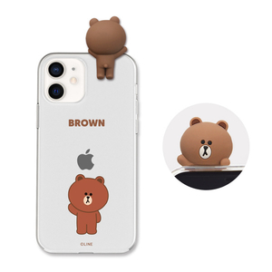 LINE FRIENDS iPhone 12 mini用フィギュア付きソフトクリアケース [公式ライセンス品] GREETING BROWN KCE-CSB031-イメージ1