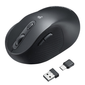 指や手のひらにそったカーブのエルゴノミクスデザインワイヤレスコンボマウス。 ●USB A、Type-Cの2個のレシーバーがついたワイヤレスマウスです。 ●2つのパソコンを切り替えてつかえる便利なマウス
