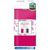 エレコム iPhone 15用ソフトレザーケース 薄型 手帳型 磁石付 フラワーズ ディープピンク PM-A23APLFUJPND