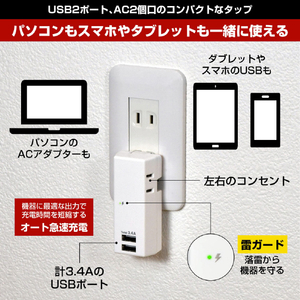 エルパ USB雷タップ 収納プラグ AC2個口 UA-223SB-イメージ5