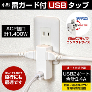 エルパ USB雷タップ 収納プラグ AC2個口 UA-223SB-イメージ6