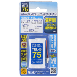オーム電機 コードレス電話機用充電池 高容量タイプ TEL-B75-イメージ1