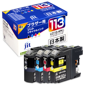 ブラザー対応製品。 ●LC113-4PK互換、4色パック(BK/C/M/Y)。 ●純正インクカートリッジを再利用したリサイクルインク。 ●日本製。 ●ジットサポートセンターは日本製土日祝日も対応。 ※