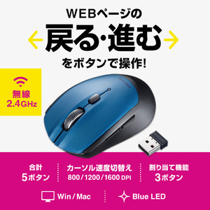 サンワサプライ ワイヤレスブルーLEDマウス(5ボタン) ブルー MA-WB509BL-イメージ10