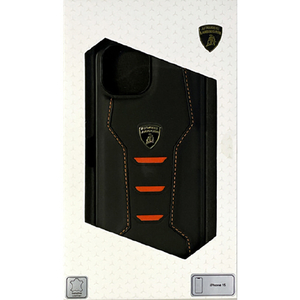 LAMBORGHINI iPhone 15用本革 背面ケース ブラック×オレンジ LBTPUPCIP15HUD16OE-イメージ1