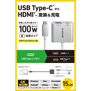 エレコム USB Type-C(TM) - HDMI(R)変換アダプター 100W給電 シルバー AD-CHDMIPD100SV-イメージ2