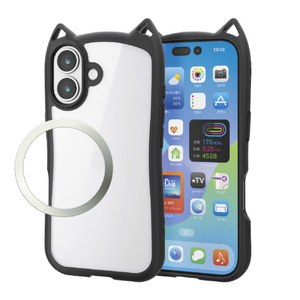 エレコム iPhone17用ハイブリッドケース フレームカラー Cat メタルステッカー付 ナイトキャット PM-A25AFCCATBK-イメージ2