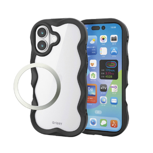 エレコム iPhone17用Grippy ハイブリッドケース フレームカラー ウェーブ メタルステッカー付 ブラック PM-A25AFCWAVEBK-イメージ2