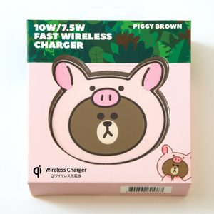 LINE FRIENDS 急速充電対応 ワイヤレス充電パッド ジャングルブラウン ピギーブラウン KCL-WPT002-イメージ1