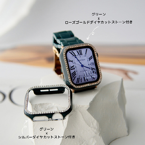 GAACAL Apple Watch Series 7-8 [41mm]用スワロフスキーフレーム グリーン×ゴールド W00065GG5-イメージ2