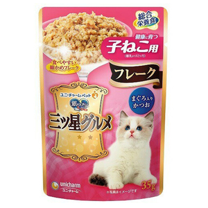 ユニ・チャーム 銀のスプーン 三ツ星グルメ パウチフレーク 健康に育つ子ねこ用 まぐろ入りかつお 35g ﾐﾂﾎﾞｼPﾌﾚ-ｸｺﾈｺﾏｸﾞﾛ35G-イメージ1