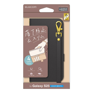 エレコム Galaxy S25用ソフトレザーケース 磁石付 耐衝撃 ハンドストラップ付 ブラック PM-G251PLFY4BK-イメージ2