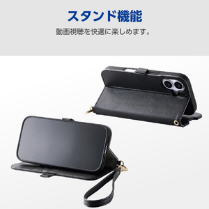 エレコム iPhone17用手帳型ケース 磁石付 耐衝撃 ハンドストラップ付 ブラック PM-A25APLFY4BK-イメージ6