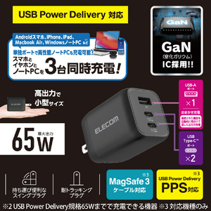 エレコム USB Power Delivery 65W キューブAC充電器(C×2+A×1) ブラック MPA-ACCP4465BK-イメージ2