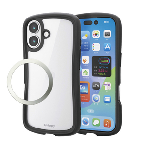 エレコム iPhone17用Grippy ハイブリッドケース フレームカラー メタルステッカー付 ブラック PM-A25AGRPFCBK-イメージ2