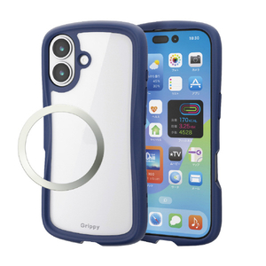 エレコム iPhone17用Grippy ハイブリッドケース フレームカラー メタルステッカー付 ネイビー PM-A25AGRPFCNV-イメージ2