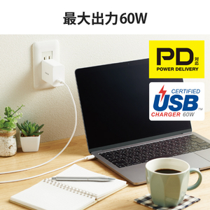 エレコム GaN PD対応 USB AC充電器(PD60W) ケーブル(2m)付属 ホワイト ACDC-PD1460WH-イメージ4