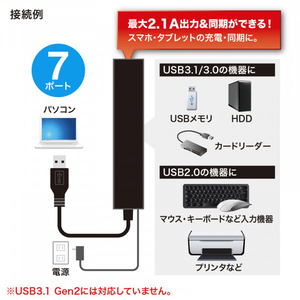 サンワサプライ 急速充電ポート付きUSB3．2Gen1 7ポートハブ ブラック USB-3H703BKN-イメージ4