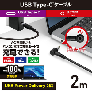 エレコム ノートPC用充電ケーブル(USB Type-C/DC5．5mmコネクター/100W)2m ブラック DC-PDFE20BK-イメージ2