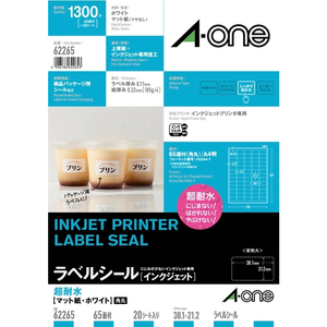 エーワン ラベルシール インクジェット 超耐水タイプマット紙 A4判 65面 20シート 62265 エーワン ラベルシール インクジェット 超耐水タイプマット紙 A4判 65面 20シート 62265