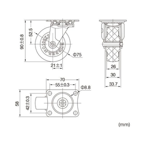 サンワサプライ 汎用キャスター 75mm径 車幅26mm ゴム製 フリー 2個 FCB820H-CST-75E-FRE2-イメージ2