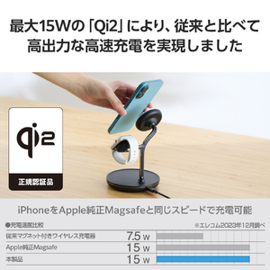 エレコム Qi2 3in1ワイヤレス充電スタンド(15W+5W+Apple Watch) ブラック W-MS08BK-イメージ4