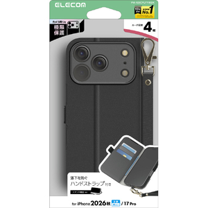 エレコム iPhone18 Pro用手帳型ケース 極限 磁石付 耐衝撃 ハンドストラップ付 ブラック PM-A26CPLFY4KBK-イメージ1