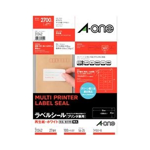 エーワン A4判 ラベルシール(プリンタ兼用) 27面 100シート(2,700片)入り 31342-イメージ1
