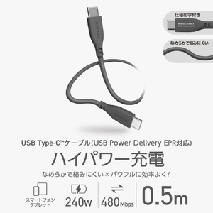 エレコム USB2．0ケーブル(USB Type-C(TM) - USB Type-C/240W/なめらか) グレー MPA-CCPESS05GY-イメージ3