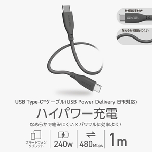 エレコム USB2．0ケーブル(USB Type-C(TM) - USB Type-C/240W/なめらか) グレー MPA-CCPESS10GY-イメージ3