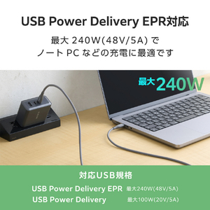 エレコム USB2．0ケーブル(USB Type-C(TM) - USB Type-C/240W/なめらか) グレー MPA-CCPESS10GY-イメージ5