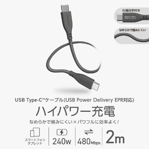 エレコム USB2．0ケーブル(USB Type-C(TM) - USB Type-C/240W/なめらか) グレー MPA-CCPESS20GY-イメージ3